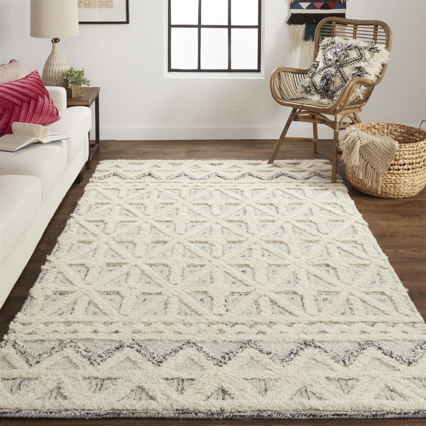 5' X 8' Ivory And Black Wool Geometric Tufted Handmade Stain Resistant Area Rug