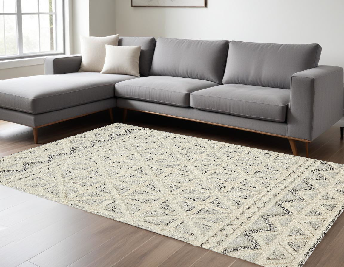 5' X 8' Ivory And Black Wool Geometric Tufted Handmade Stain Resistant Area Rug