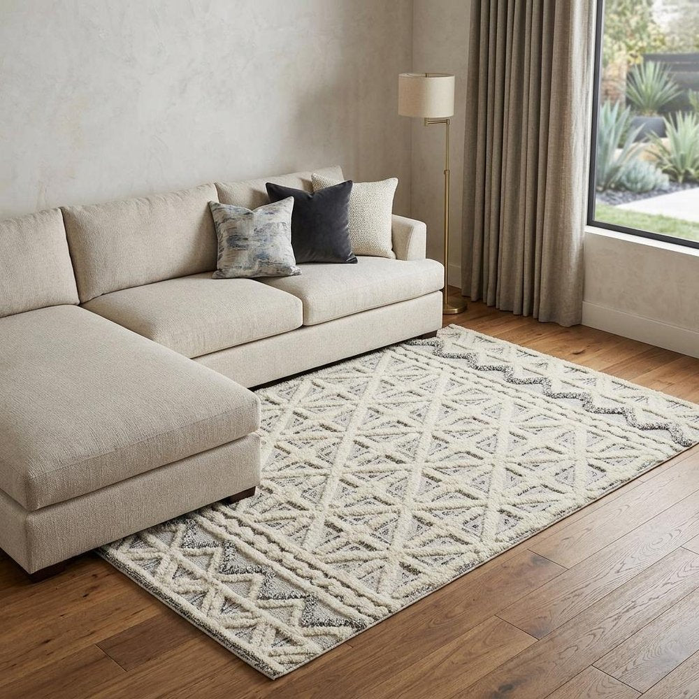 8' X 10' Ivory And Black Wool Geometric Tufted Handmade Stain Resistant Area Rug