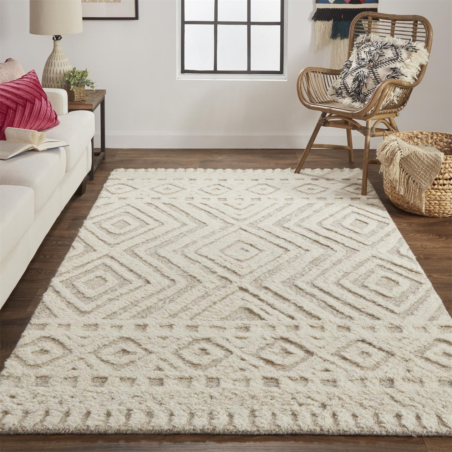 8' X 10' Ivory And Tan Wool Geometric Tufted Handmade Stain Resistant Area Rug