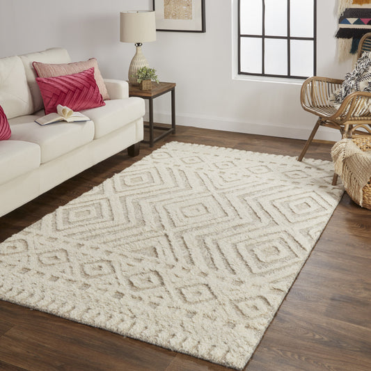 12' X 15' Ivory And Tan Wool Geometric Tufted Handmade Area Rug