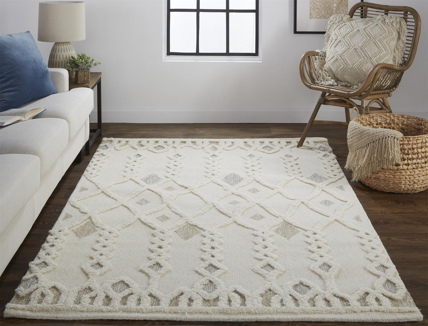 4' X 6' Ivory Tan And Silver Wool Geometric Tufted Handmade Stain Resistant Area Rug