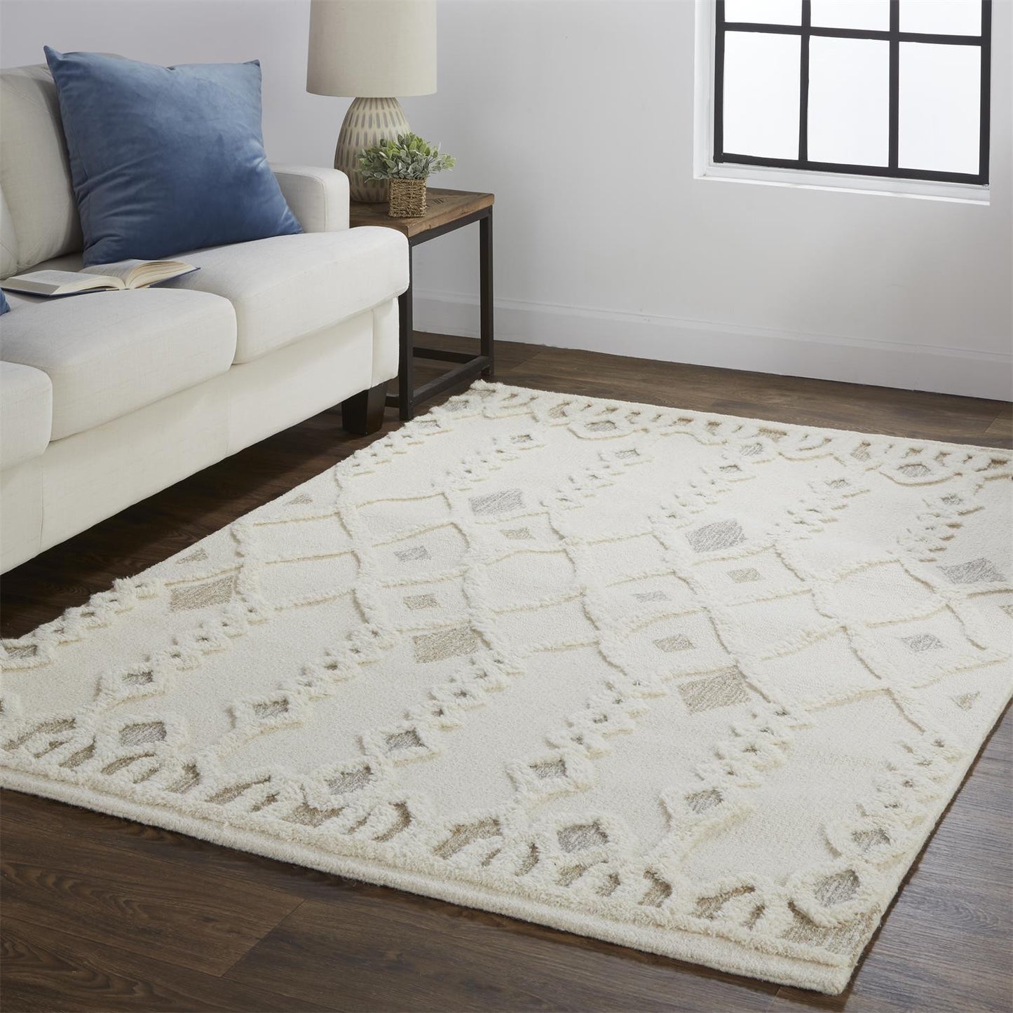 4' X 6' Ivory Tan And Silver Wool Geometric Tufted Handmade Stain Resistant Area Rug