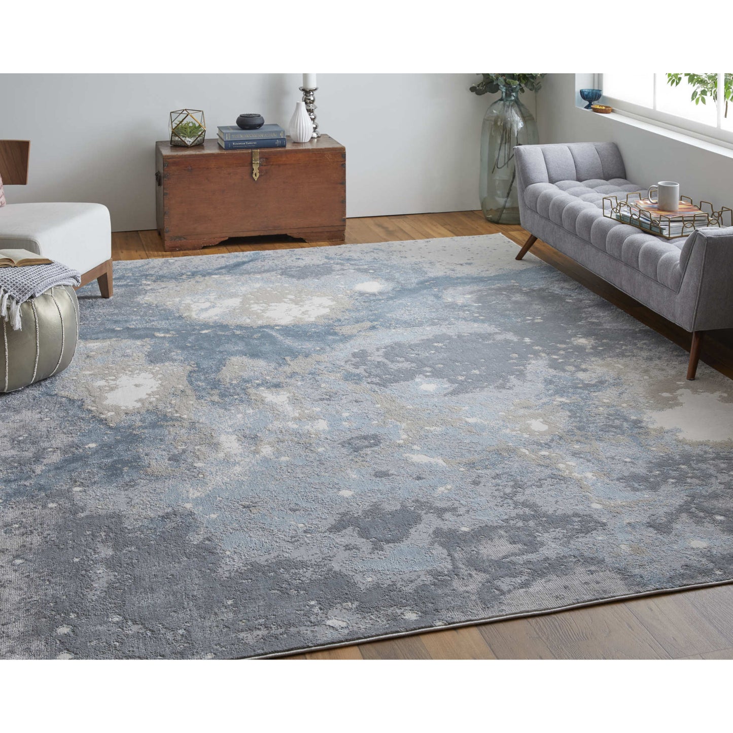 8' X 10' Ivory Blue and Gray Abstract Area Rug