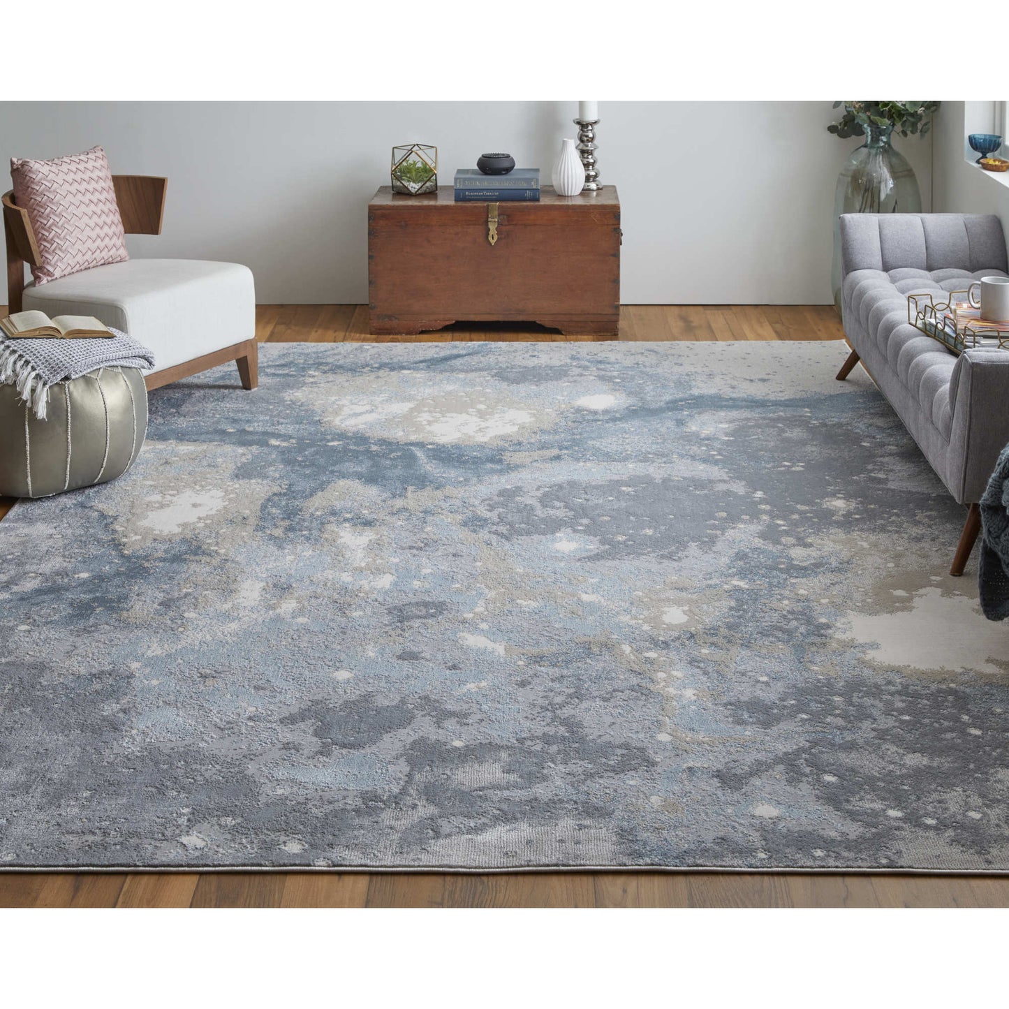 8' X 10' Ivory Blue and Gray Abstract Area Rug