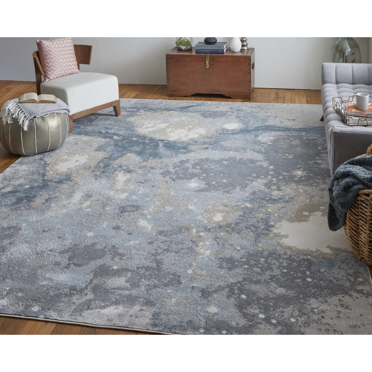 8' X 10' Ivory Blue and Gray Abstract Area Rug