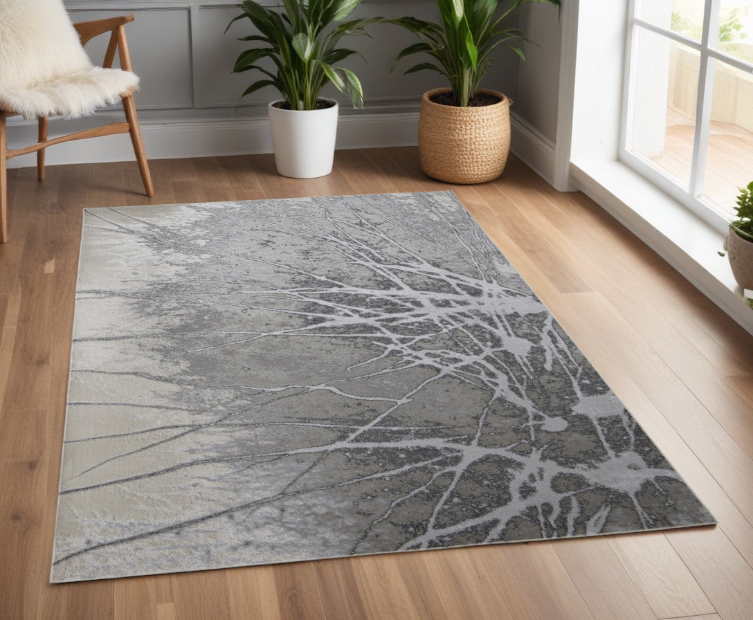 8' X 10' Gray Silver And Ivory Abstract Power Loom Area Rug