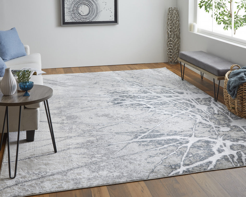 8' X 10' Gray Silver And Ivory Abstract Power Loom Area Rug