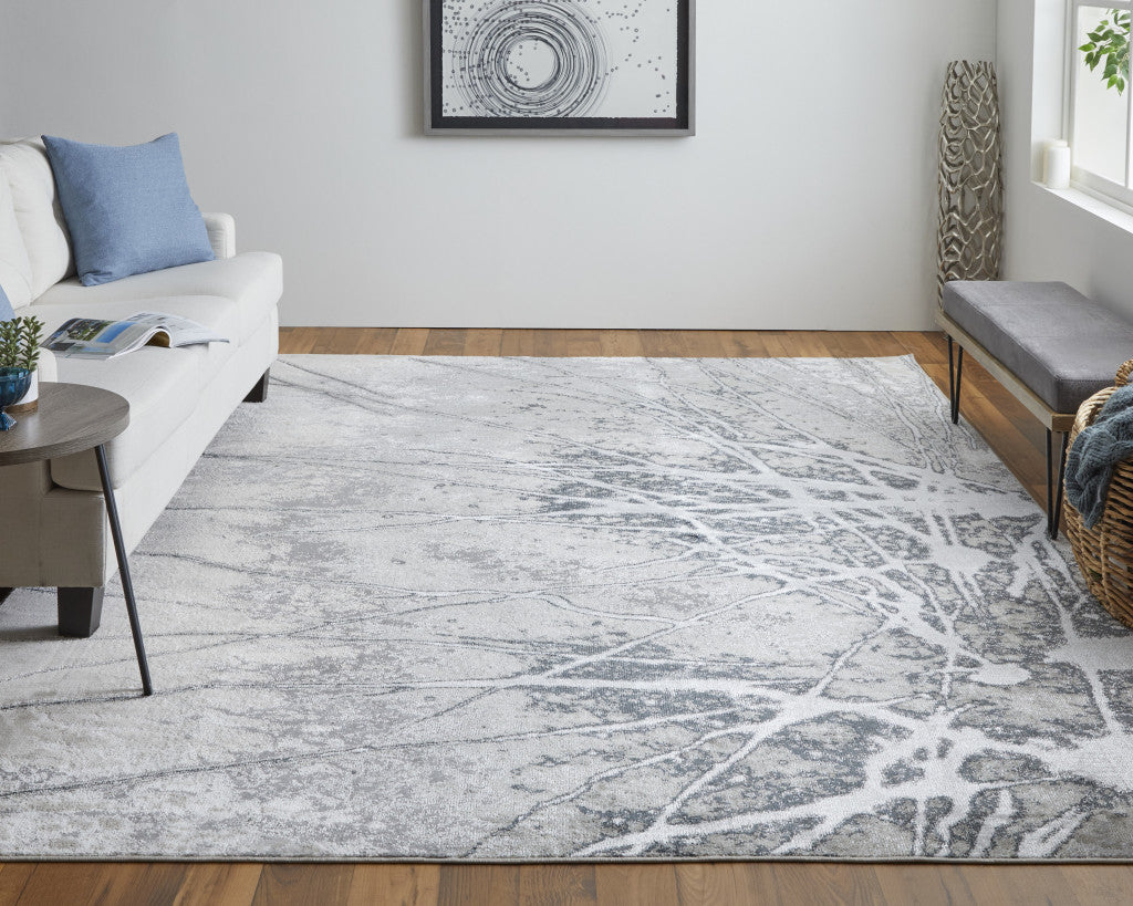 8' X 10' Gray Silver And Ivory Abstract Power Loom Area Rug