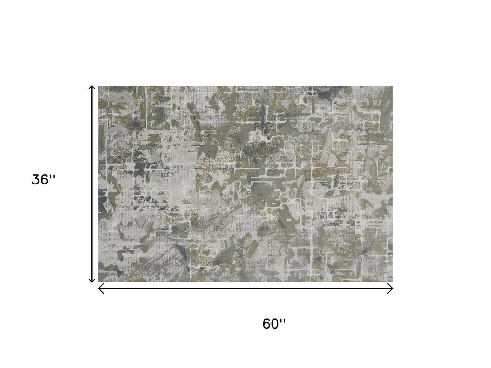 5' X 8' Green Gray And Ivory Abstract Distressed Stain Resistant Area Rug