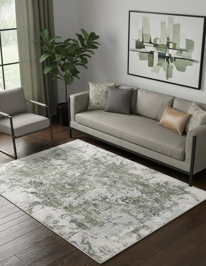 5' X 8' Green Gray And Ivory Abstract Distressed Stain Resistant Area Rug