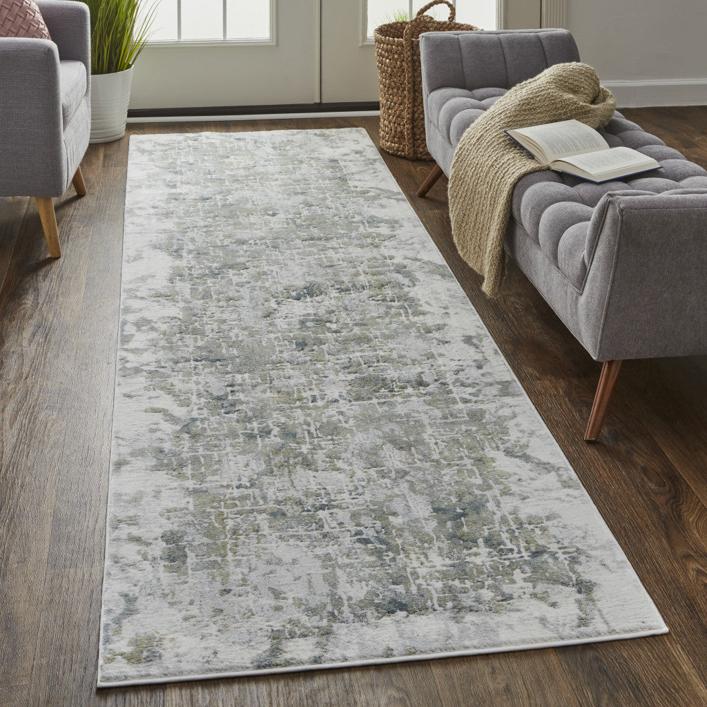 3' X 5' Green Gray And Ivory Abstract Distressed Stain Resistant Area Rug