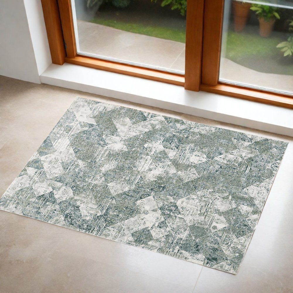 2' X 3' Green And Ivory Patchwork Distressed Stain Resistant Area Rug