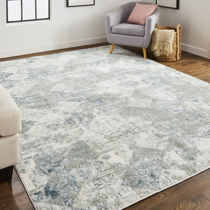 2' X 3' Green And Ivory Patchwork Distressed Stain Resistant Area Rug
