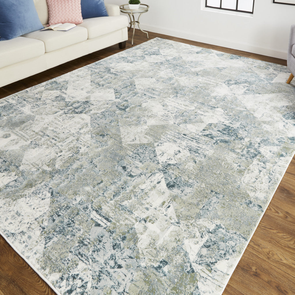 3' X 5' Green And Ivory Patchwork Distressed Stain Resistant Area Rug