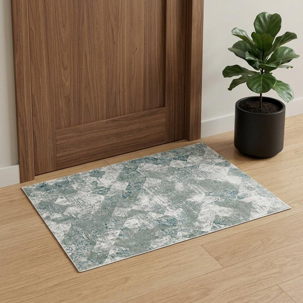 8' X 10' Green And Ivory Patchwork Distressed Stain Resistant Area Rug