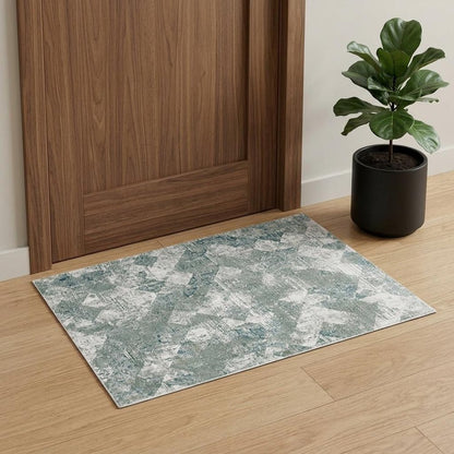 8' X 10' Green And Ivory Patchwork Distressed Stain Resistant Area Rug