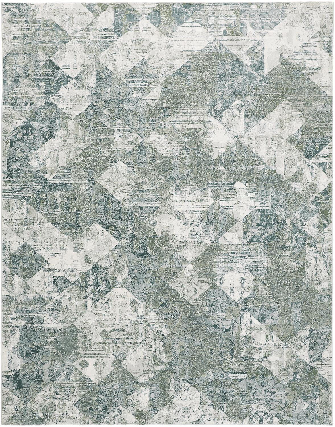 8' X 10' Green And Ivory Patchwork Distressed Stain Resistant Area Rug