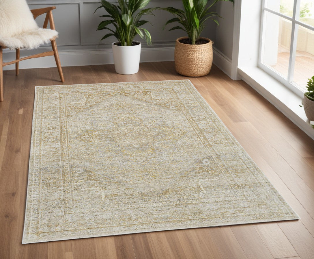 4' X 6' Gold and Ivory Floral Non Skid Area Rug