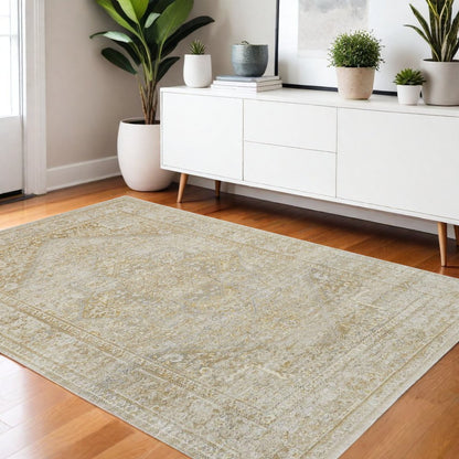 4' X 6' Gold And Ivory Floral Medallion Area Rug