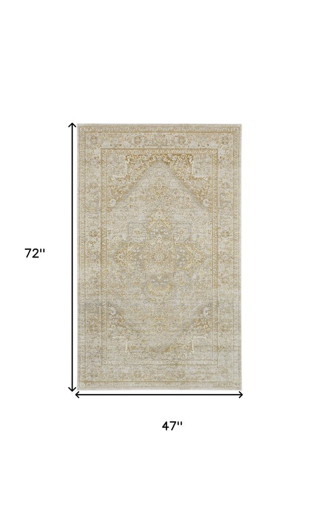 4' X 6' Gold And Ivory Floral Medallion Area Rug