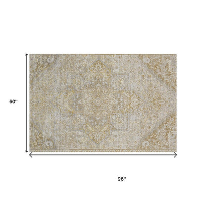 4' X 6' Gold And Ivory Floral Medallion Area Rug