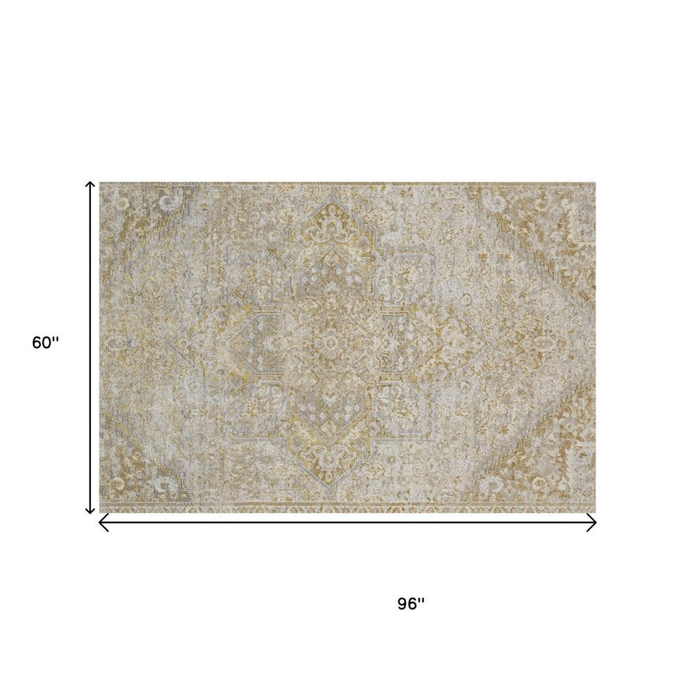 4' X 6' Gold And Ivory Floral Medallion Area Rug