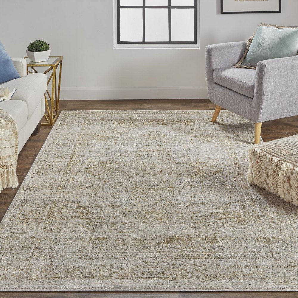 4' X 6' Gold And Ivory Floral Medallion Area Rug