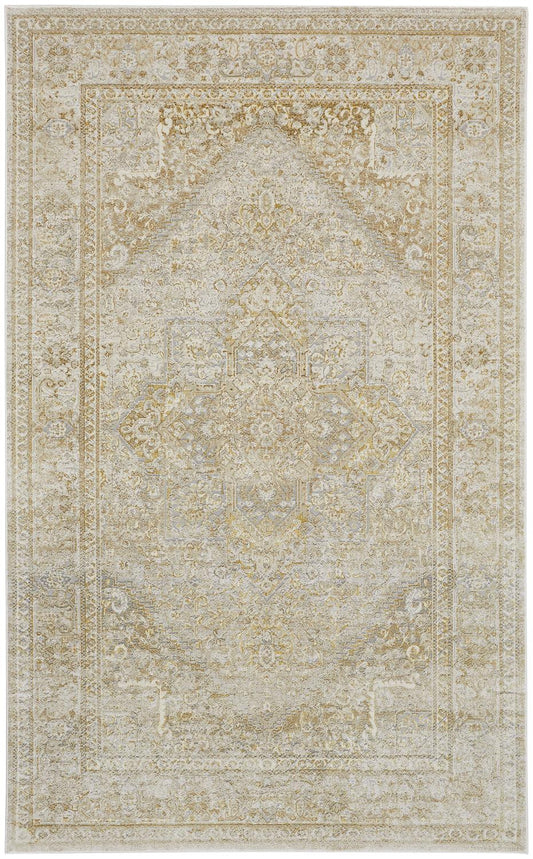 5' X 8' Ivory And Gold Floral Stain Resistant Area Rug