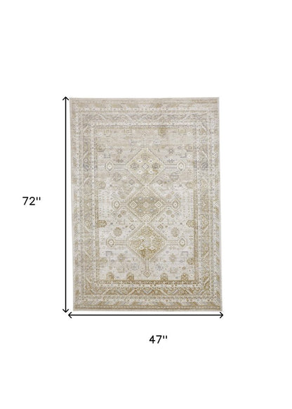 7' X 10' Gold And Ivory Floral Stain Resistant Area Rug