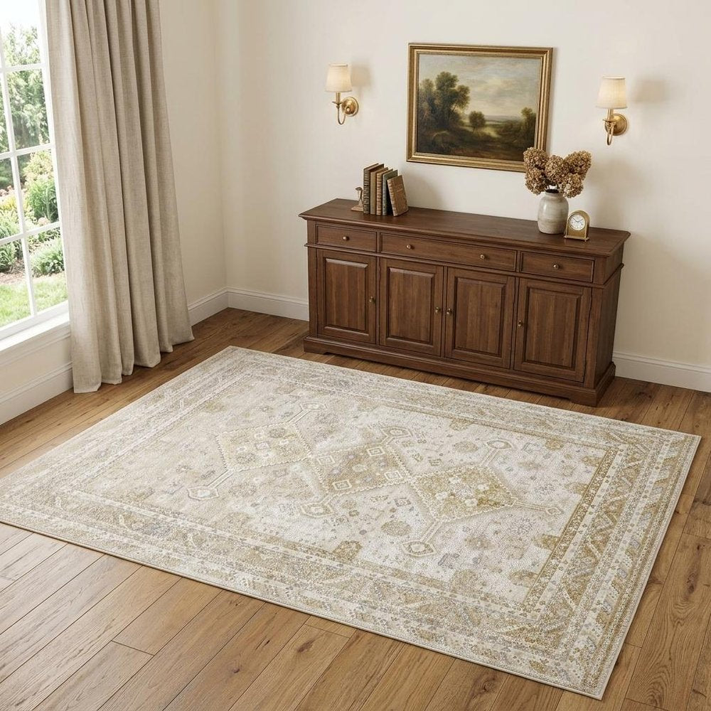 4' X 6' Gold and Ivory Floral Non Skid Area Rug