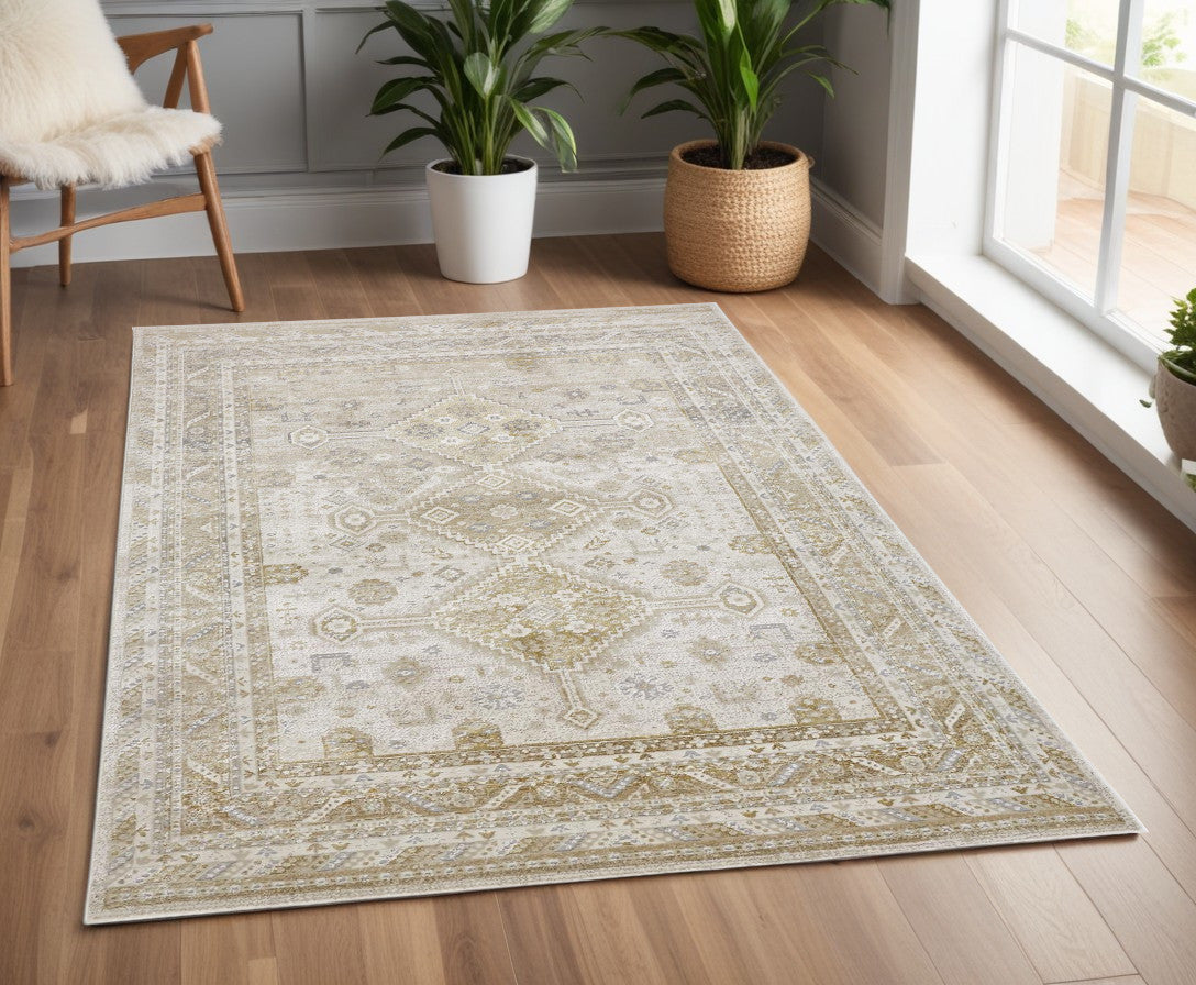 8' Gold and Ivory Floral Runner Rug