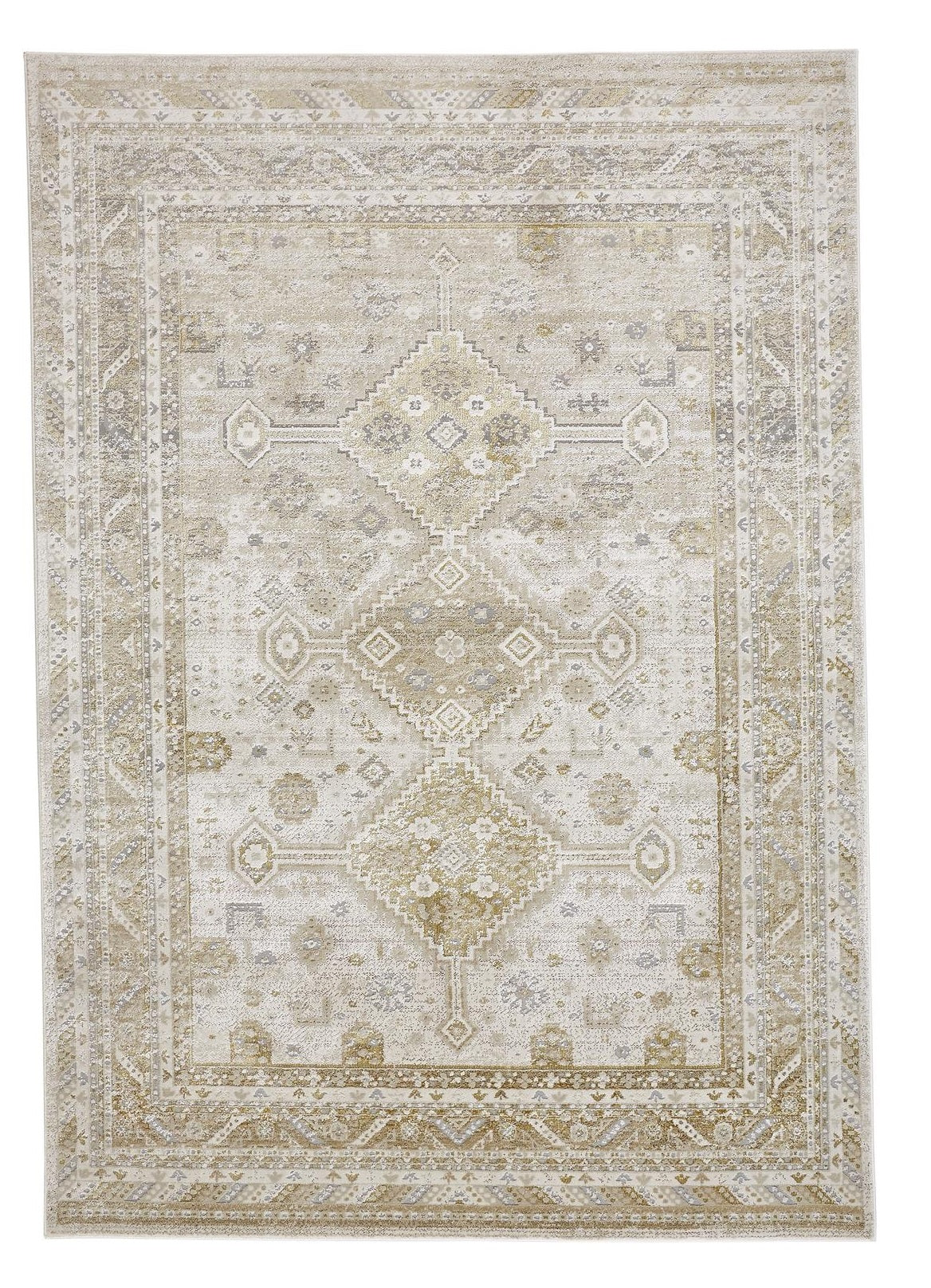 8' Gold and Ivory Floral Runner Rug