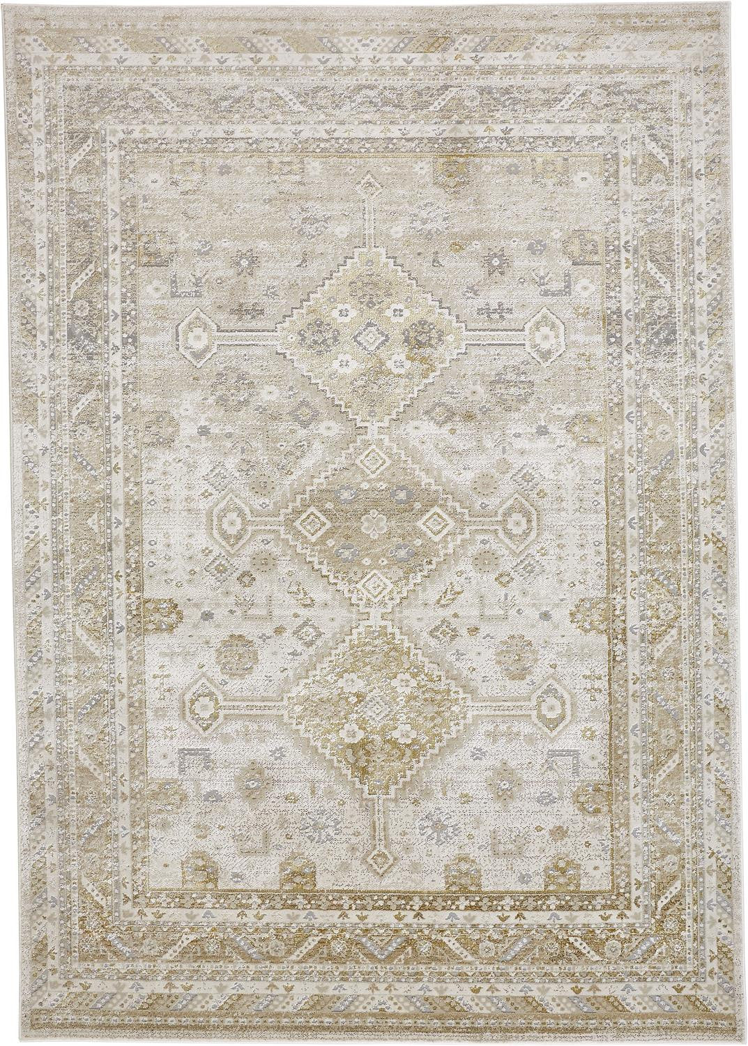 8' Gold and Ivory Floral Runner Rug