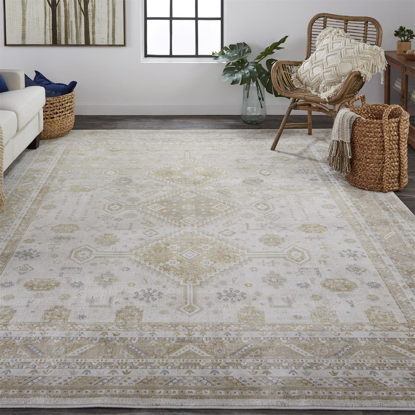 8' Gold and Ivory Floral Runner Rug