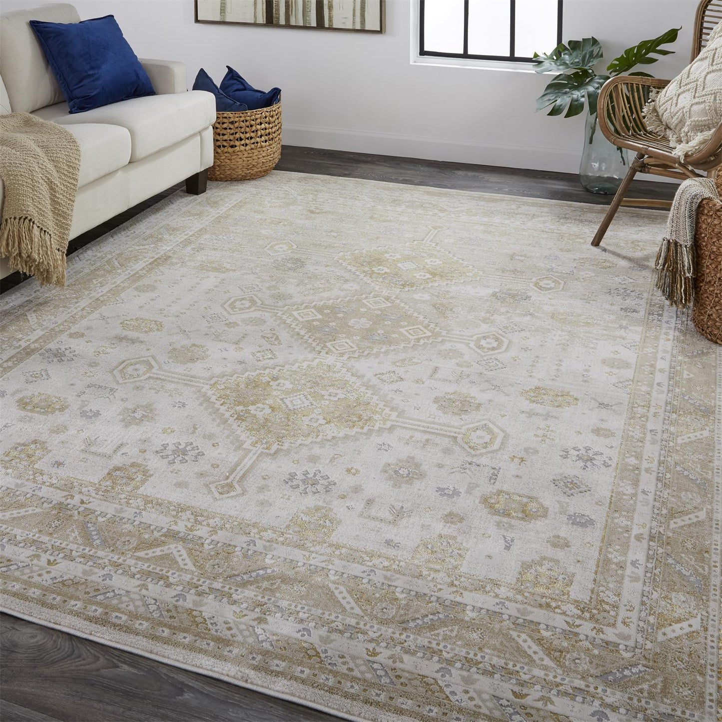 8' X 10' Gold And Ivory Floral Area Rug