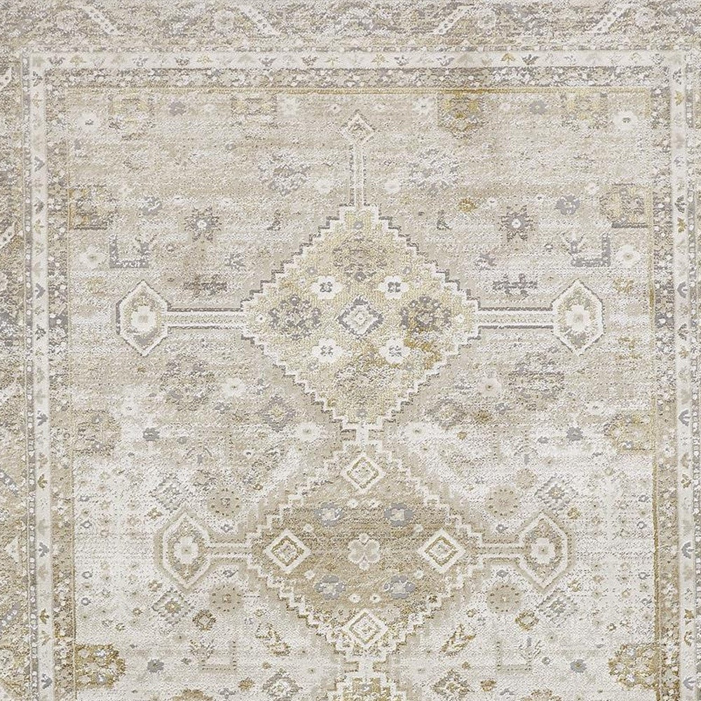 8' Gold and Ivory Floral Runner Rug