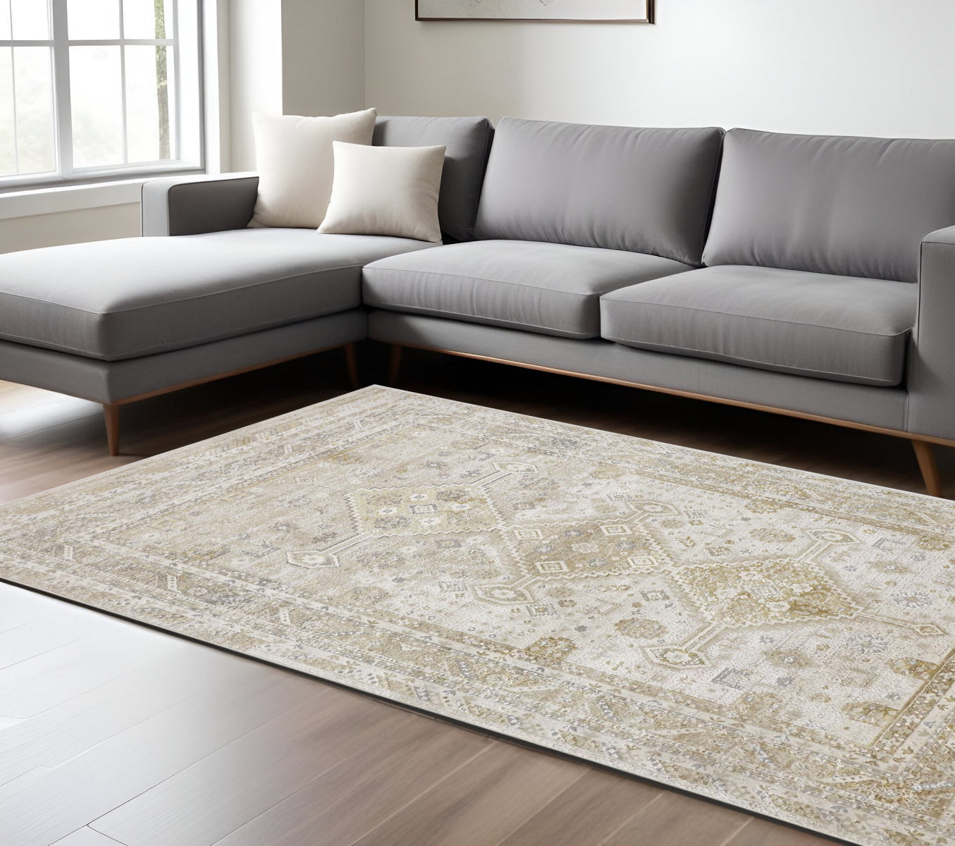 8' Gold and Ivory Floral Runner Rug