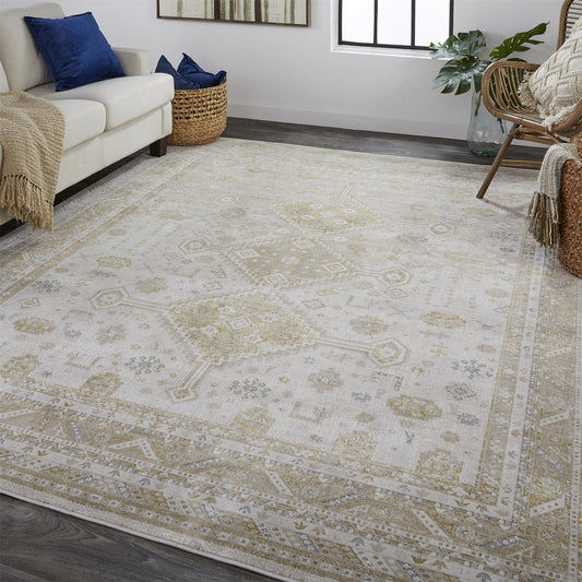 4' X 6' Gold and Ivory Floral Non Skid Area Rug