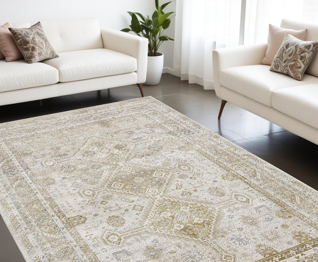 8' Gold and Ivory Floral Runner Rug