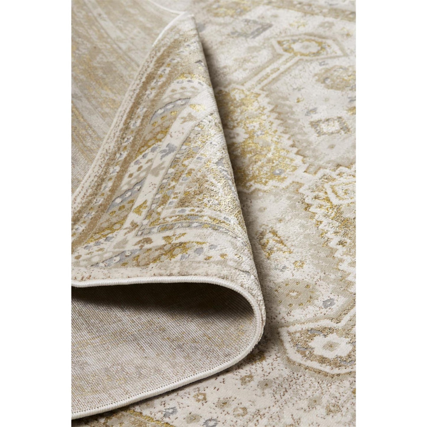 8' Gold and Ivory Floral Runner Rug