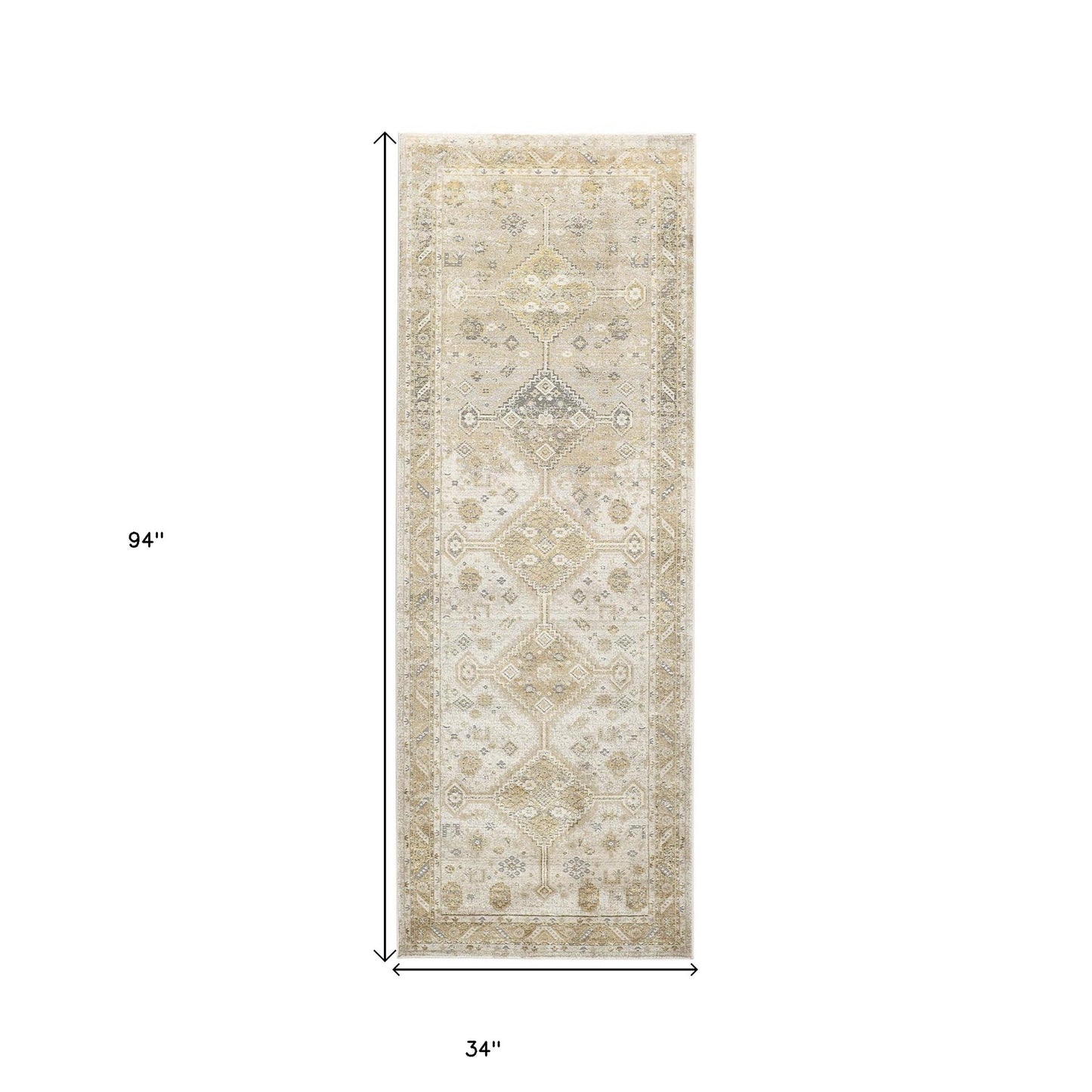 8' Gold and Ivory Floral Runner Rug