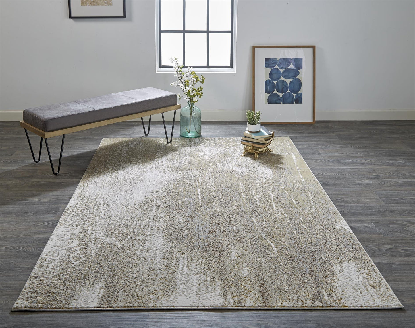 9' X 12' Ivory Gray And Gold Abstract Area Rug