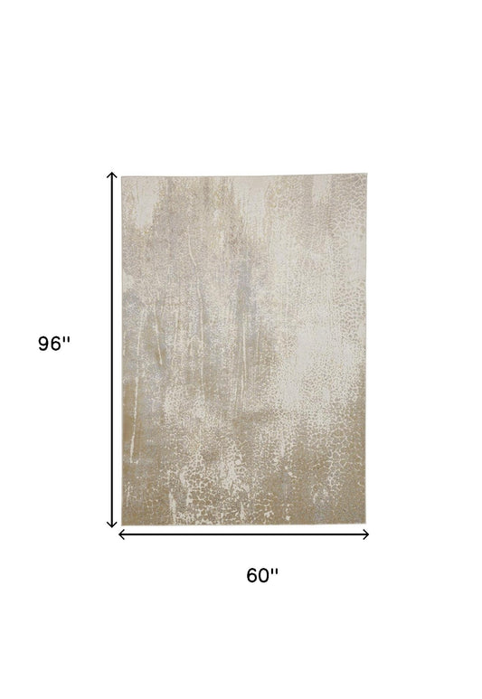 5' X 8' Ivory Gray And Gold Abstract Stain Resistant Area Rug