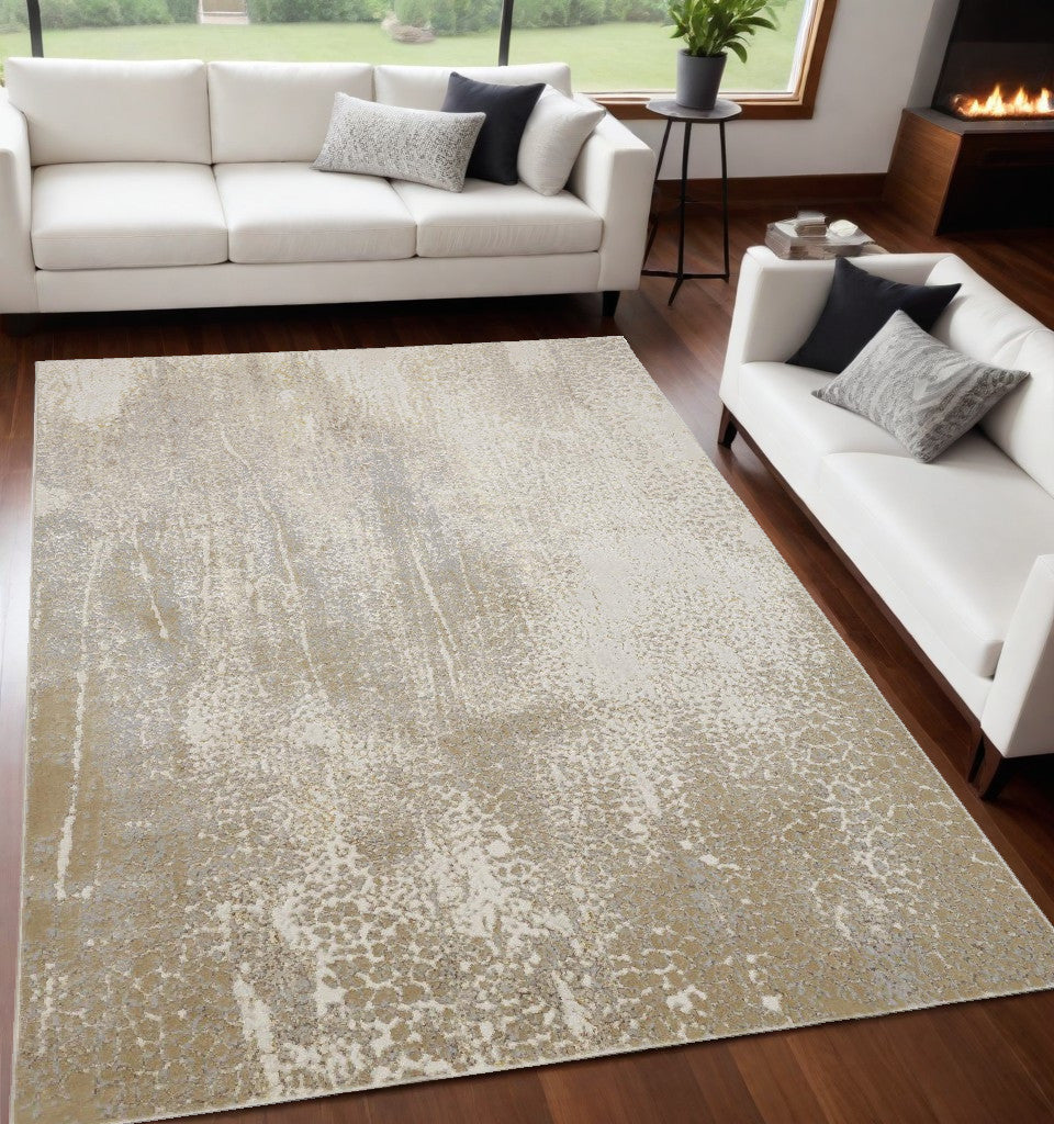 4' X 6' Ivory Gray And Gold Abstract Area Rug