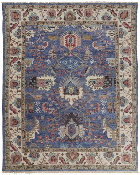 8' X 10' Blue And Red Wool Floral Hand Knotted Stain Resistant Area Rug