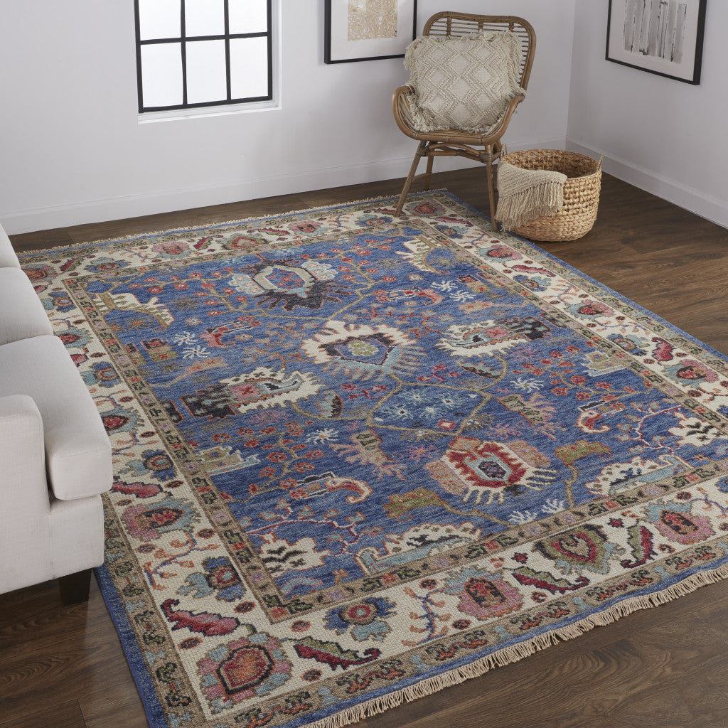 8' X 10' Blue And Red Wool Floral Hand Knotted Stain Resistant Area Rug