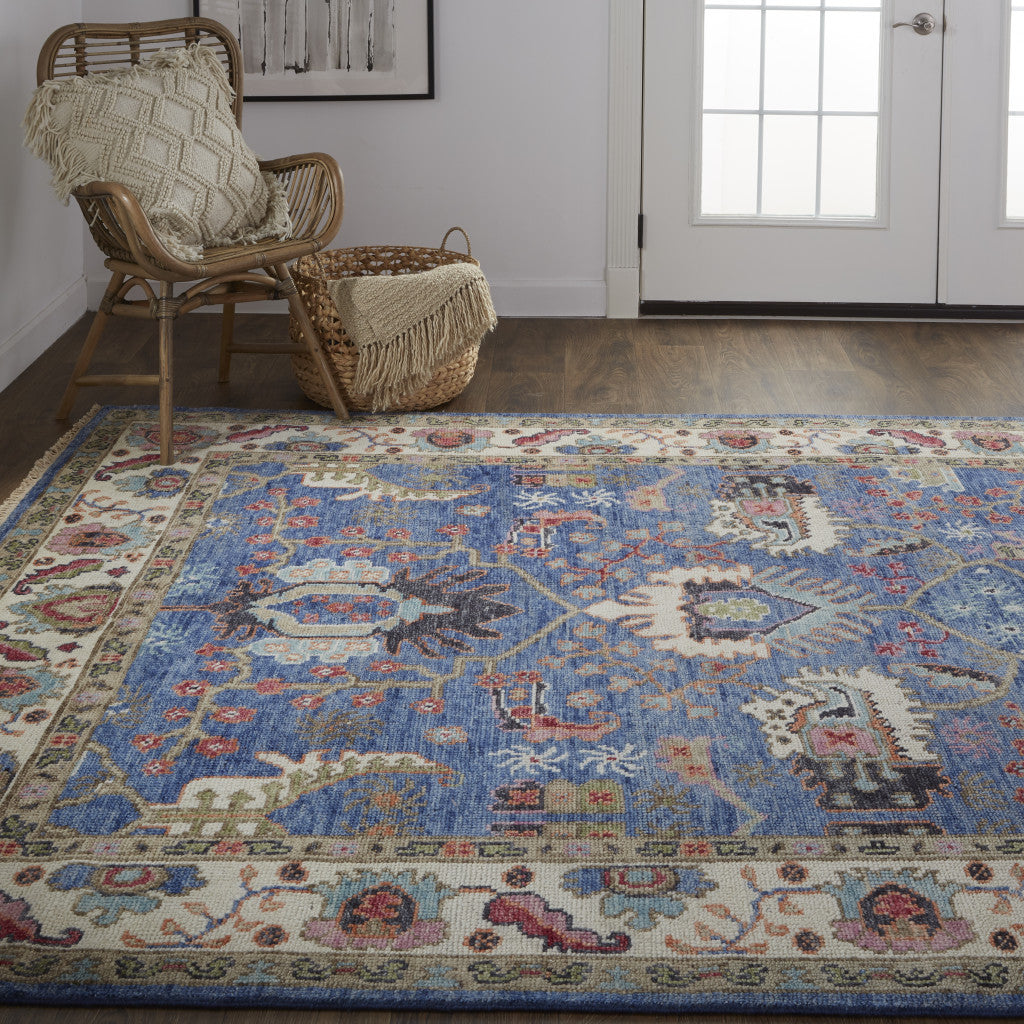 8' X 10' Blue And Red Wool Floral Hand Knotted Stain Resistant Area Rug