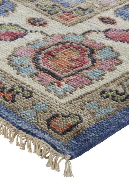 8' Blue And Red Wool Floral Hand Knotted Stain Resistant Runner Rug