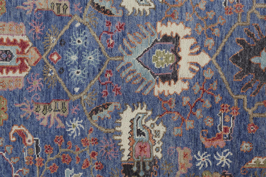 8' Blue And Red Wool Floral Hand Knotted Stain Resistant Runner Rug